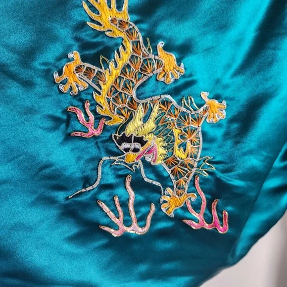 Vintage Silk Robe Phoenix Dragon Motif Teal Blue Medium
